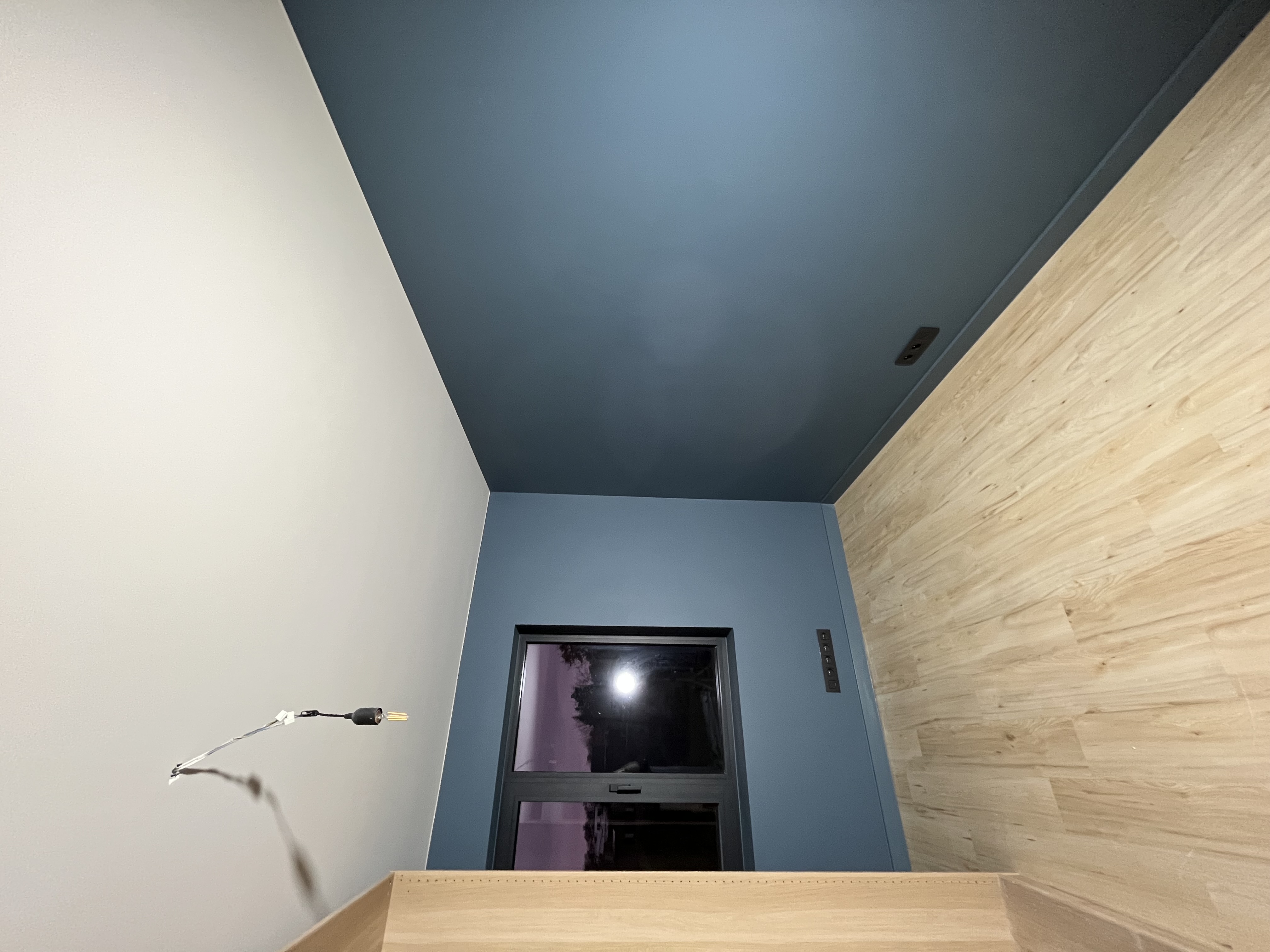 Kamer met blauwgrijze muren en wit plafond